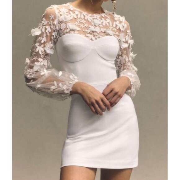 New Dress the Population Mila 3d Floral Long Sleeve Mini Dress White Size XS